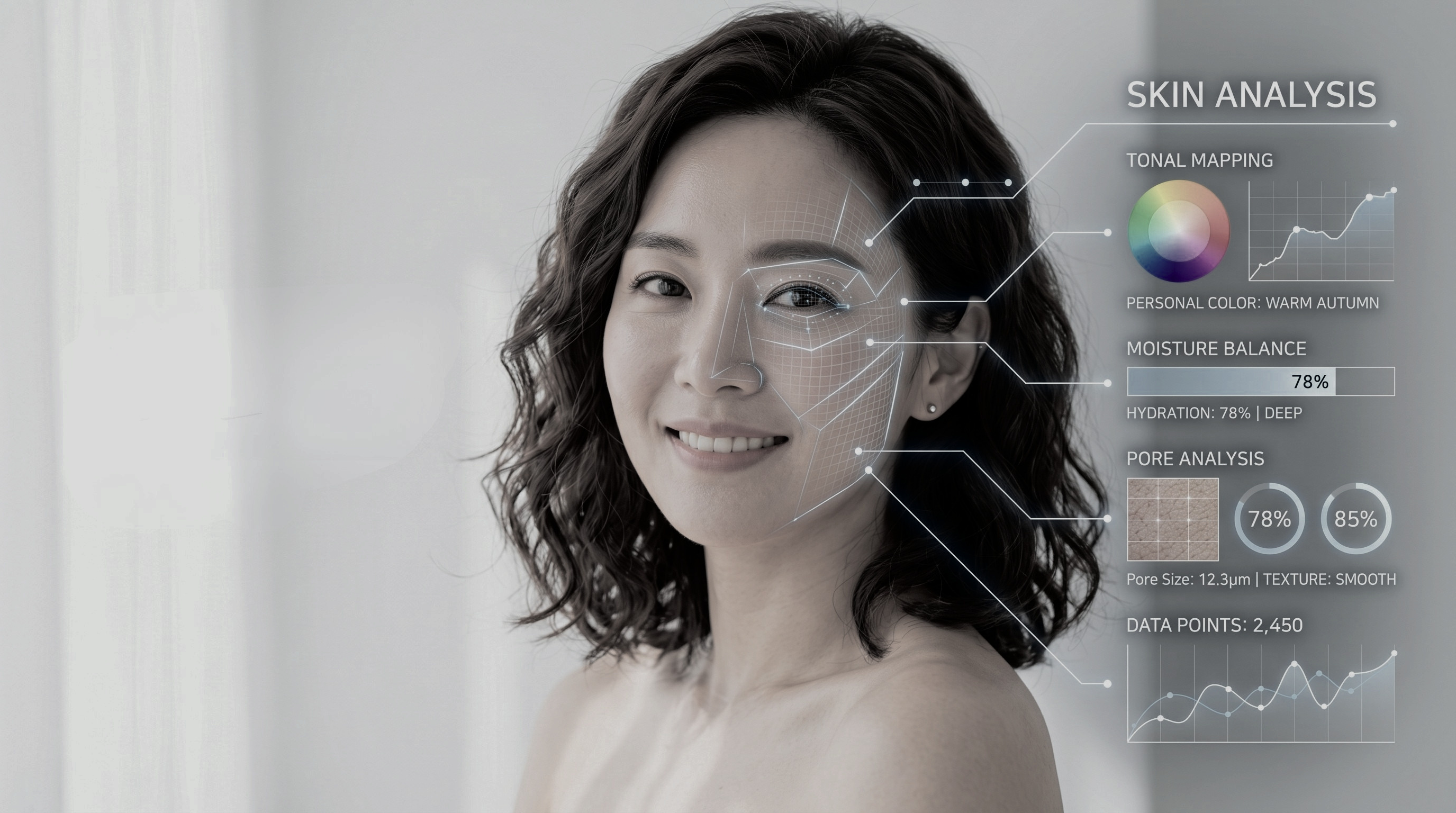 AI 피부 분석 데모 - 톤 매핑, 수분 밸런스, 모공 분석 결과 화면